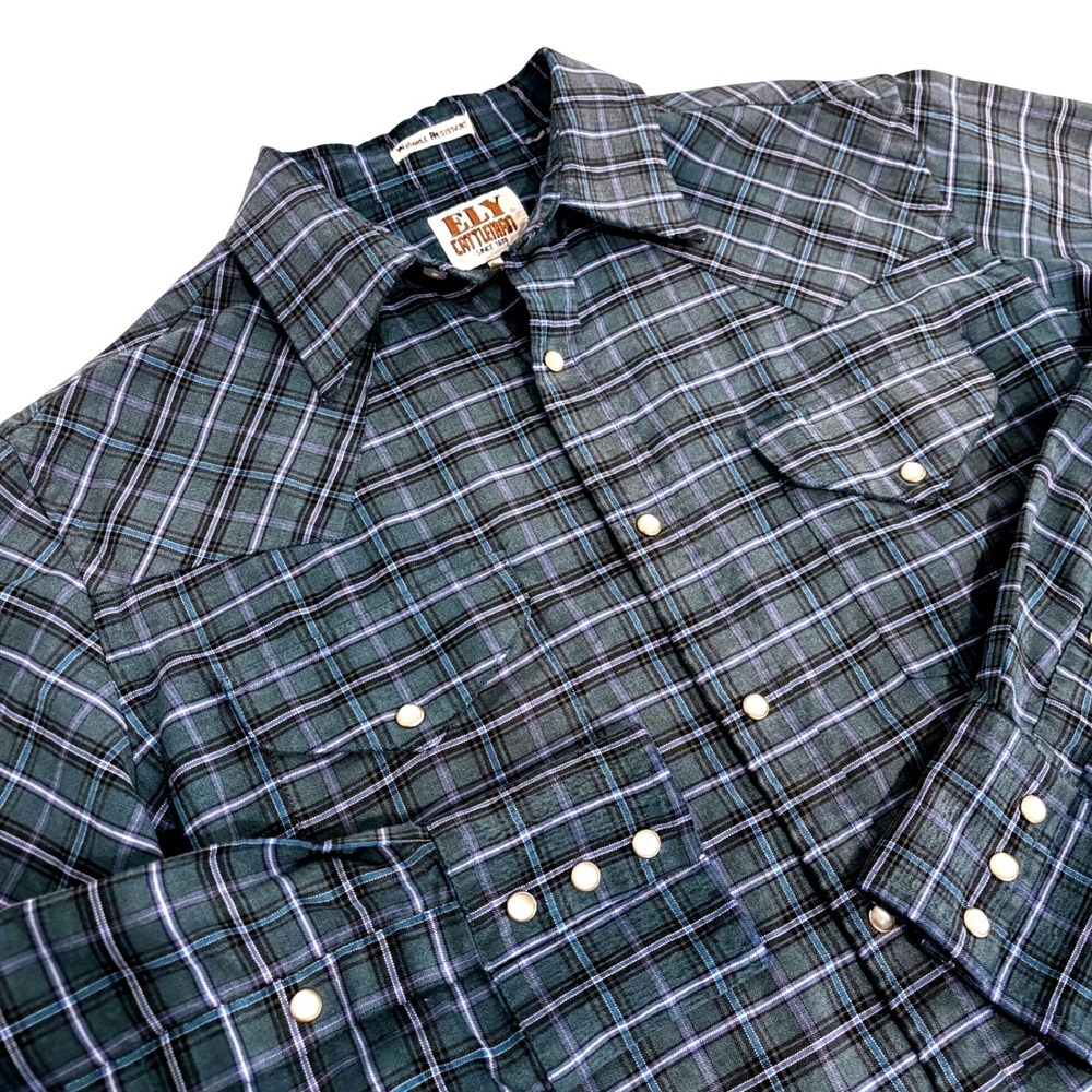 Ely Cattleman Western Pearl Snap Shirt Mens M Teal Blue Plaid Wrinkle Resistant - Picture 5 of 10